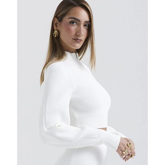 NWOT House of CB Reeva White Balloon Sleeve Ribbed Sweater Zip Top Size Small - Picture 13 of 16